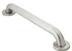 A brushed stainless safety grab bar