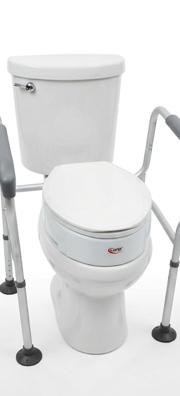 A raised toilet seat riser that lifts seat height for easier sit-to-stand transfers