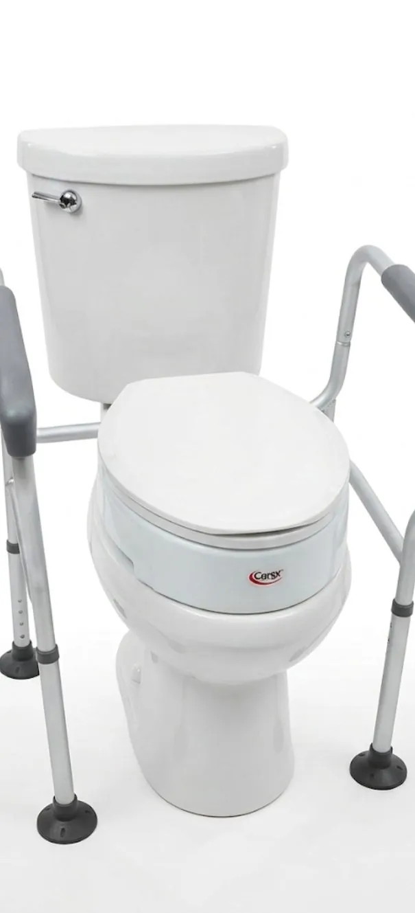 A raised toilet seat riser that lifts seat height for easier sit-to-stand transfers