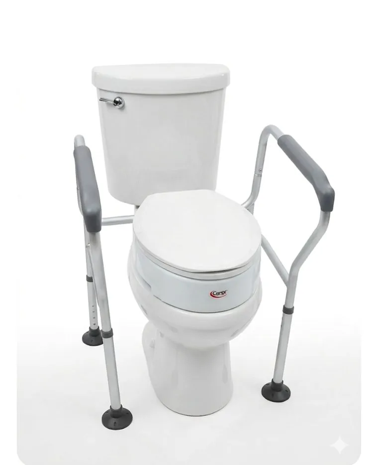 An adjustable toilet safety frame with padded armrests beside the toilet